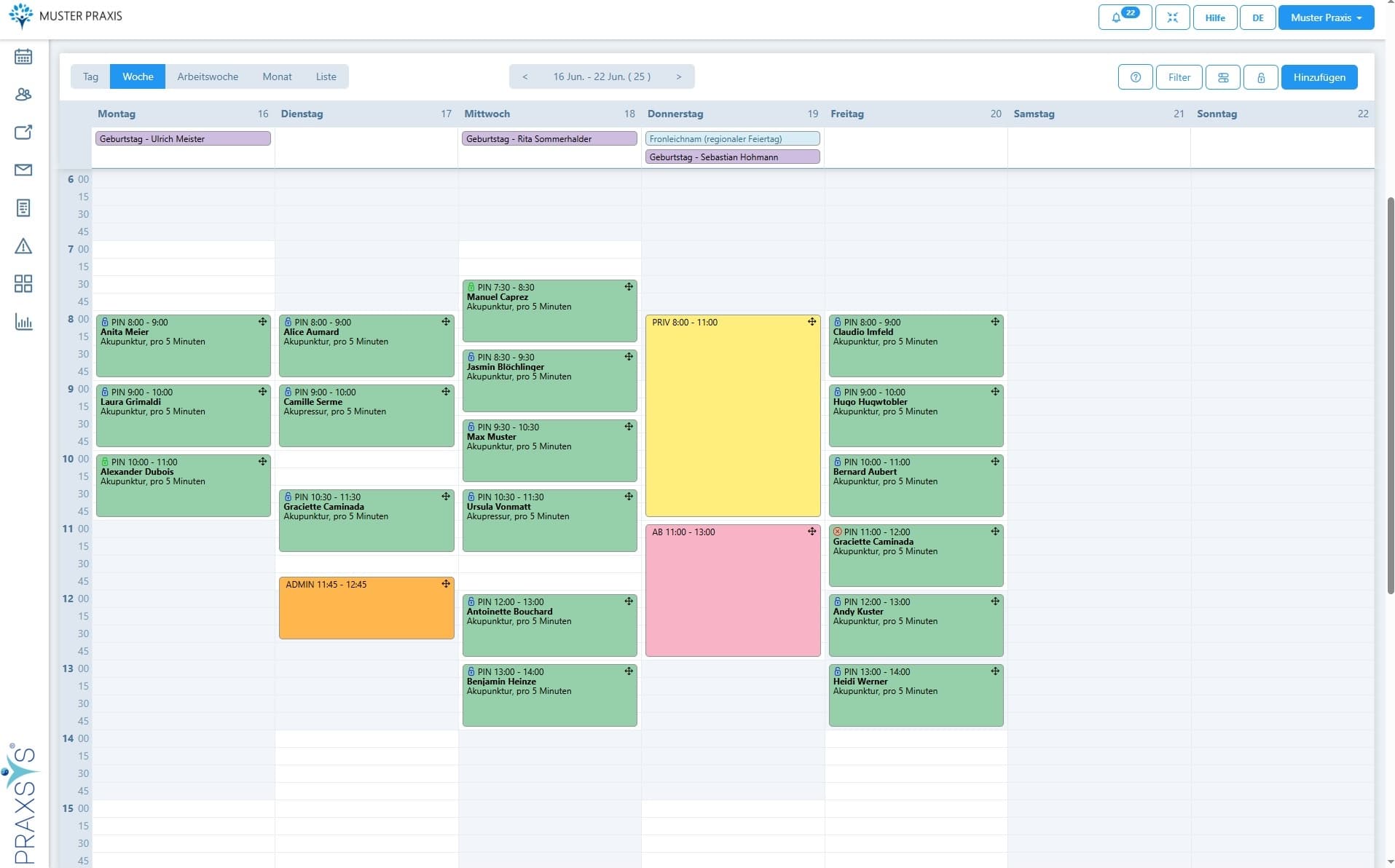 PRAXSYS calendar for appointment planning in a physiotherapy practice