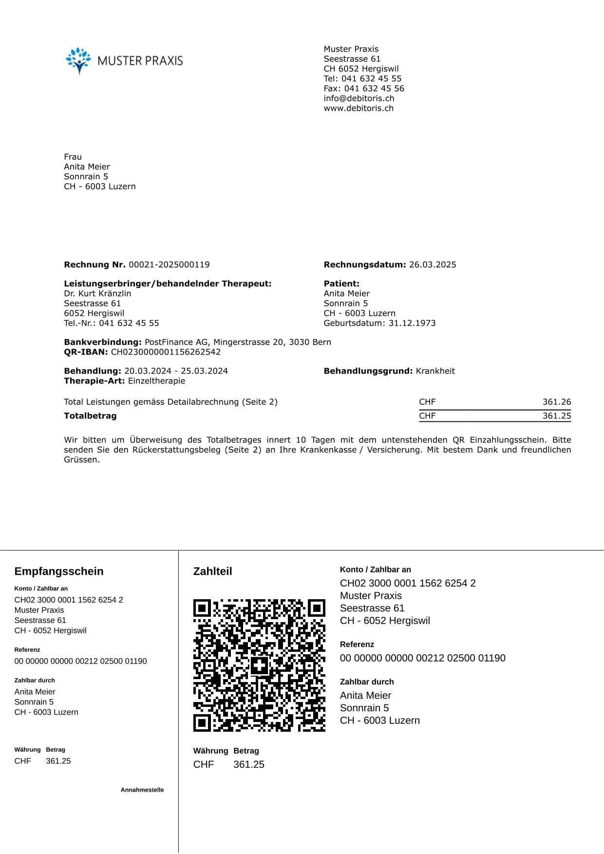 PRAXSYS invoice with QR payment slip for physiotherapy practices
