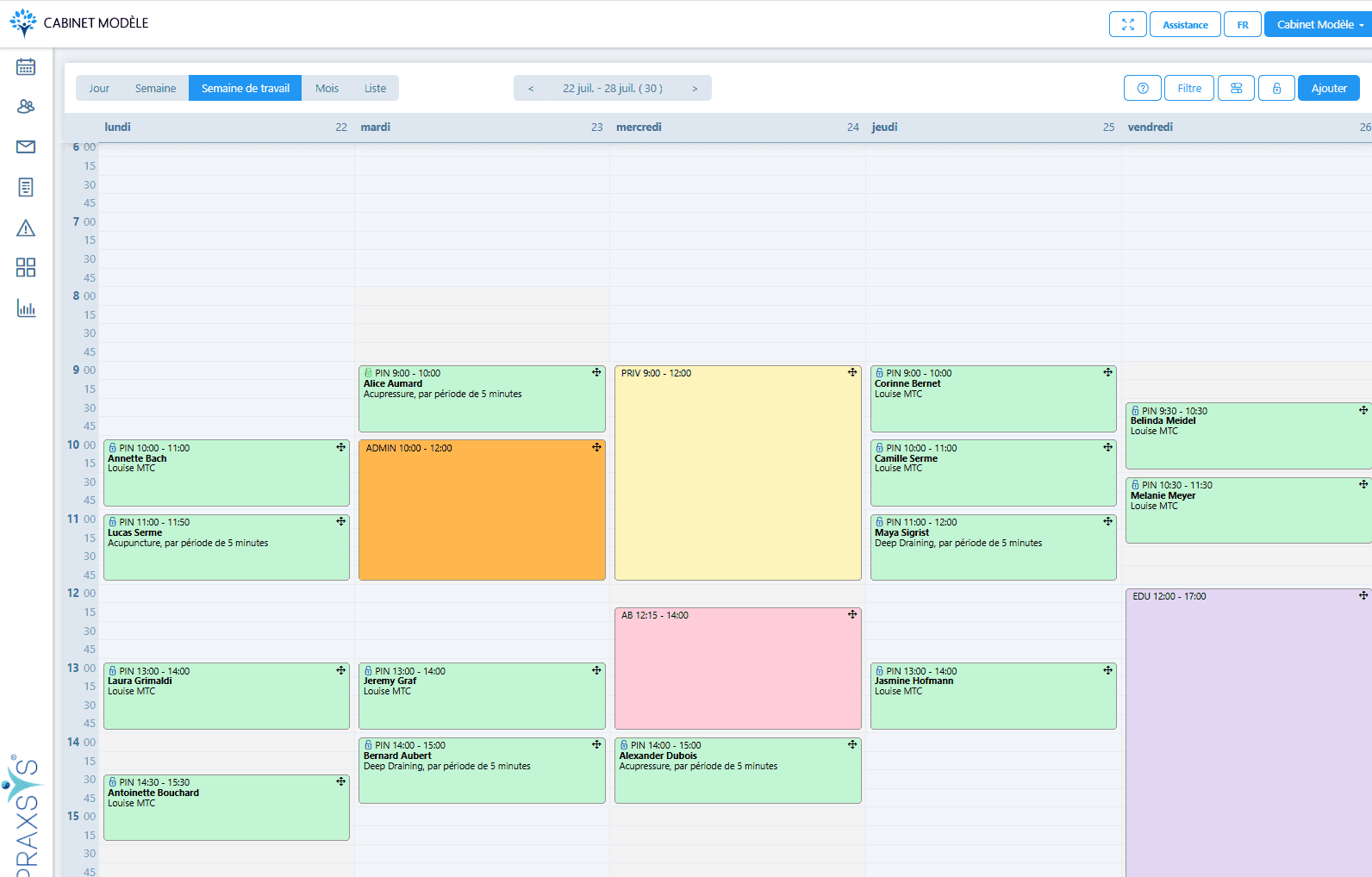 Calendrier PRAXSYS pour la planification dans un cabinet de physiothérapie