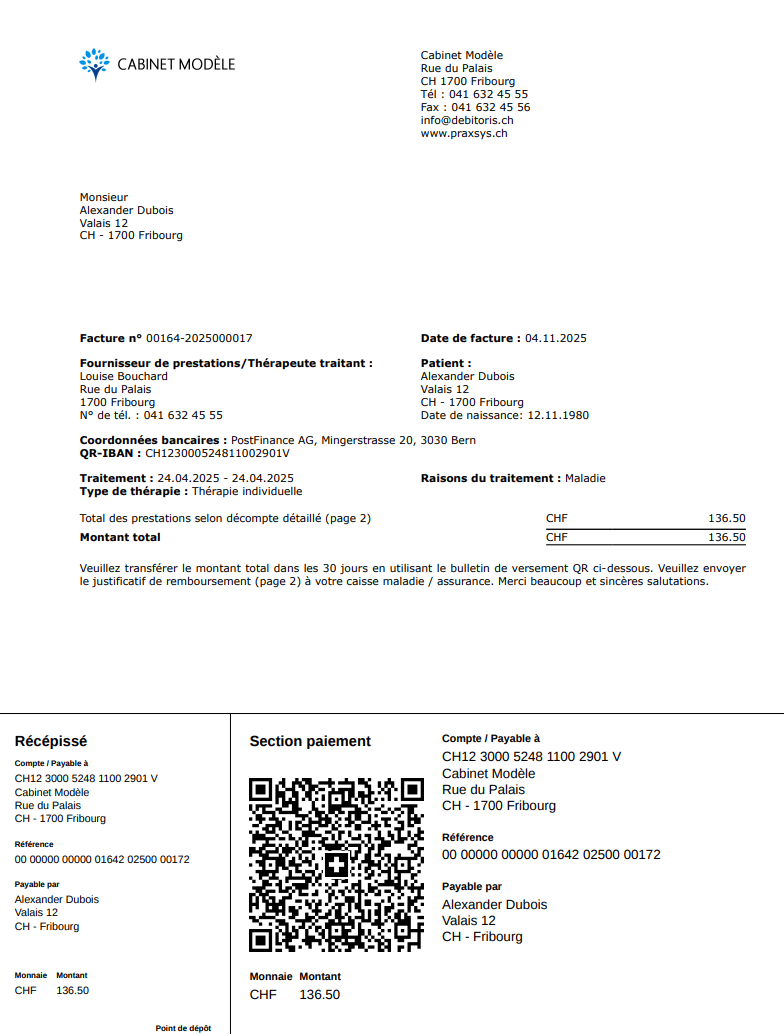 Facture PRAXSYS avec bulletin QR pour cabinets de physiothérapie